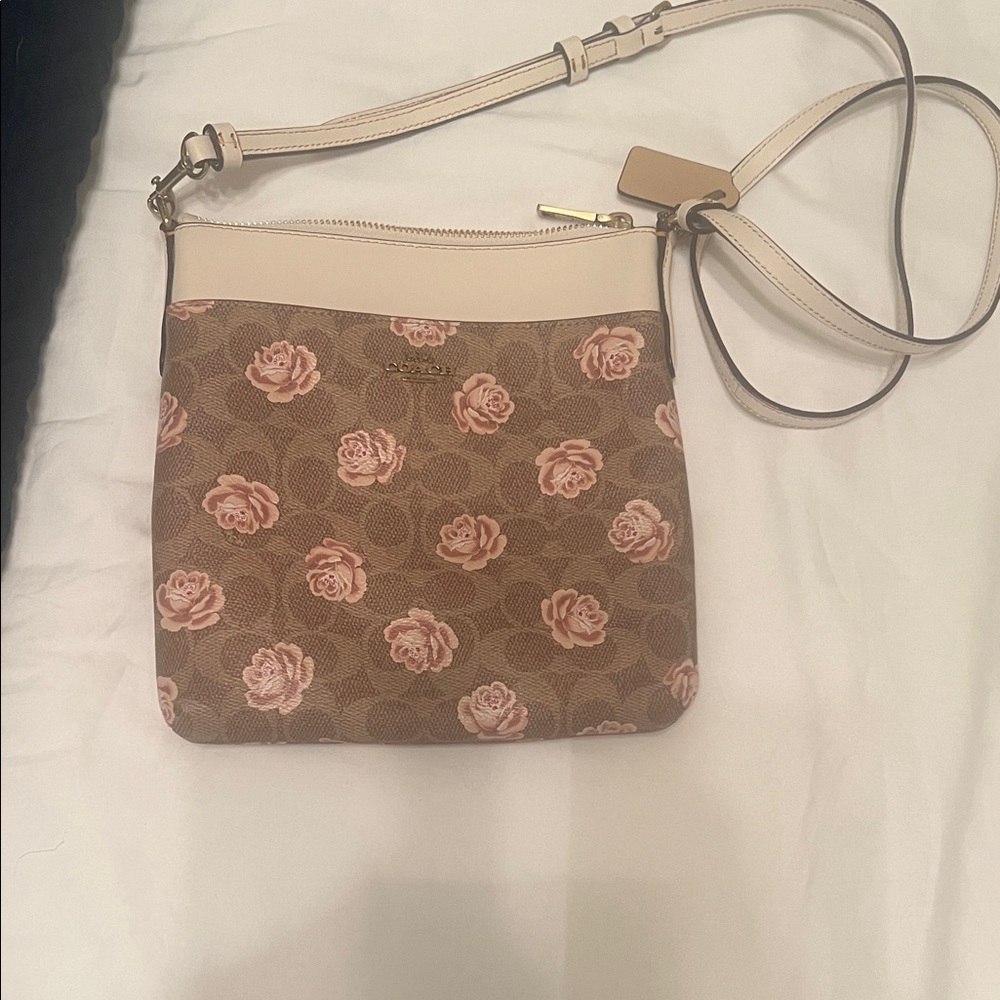 Coach Tan and Pink Rose Crossbody Bag